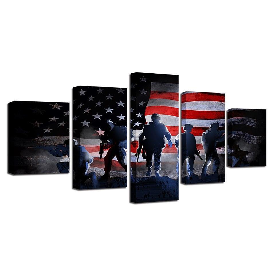 American Flag and Soldiers 5 Piece HD Multi Panel Canvas Wall Art Frame-Original Frame
