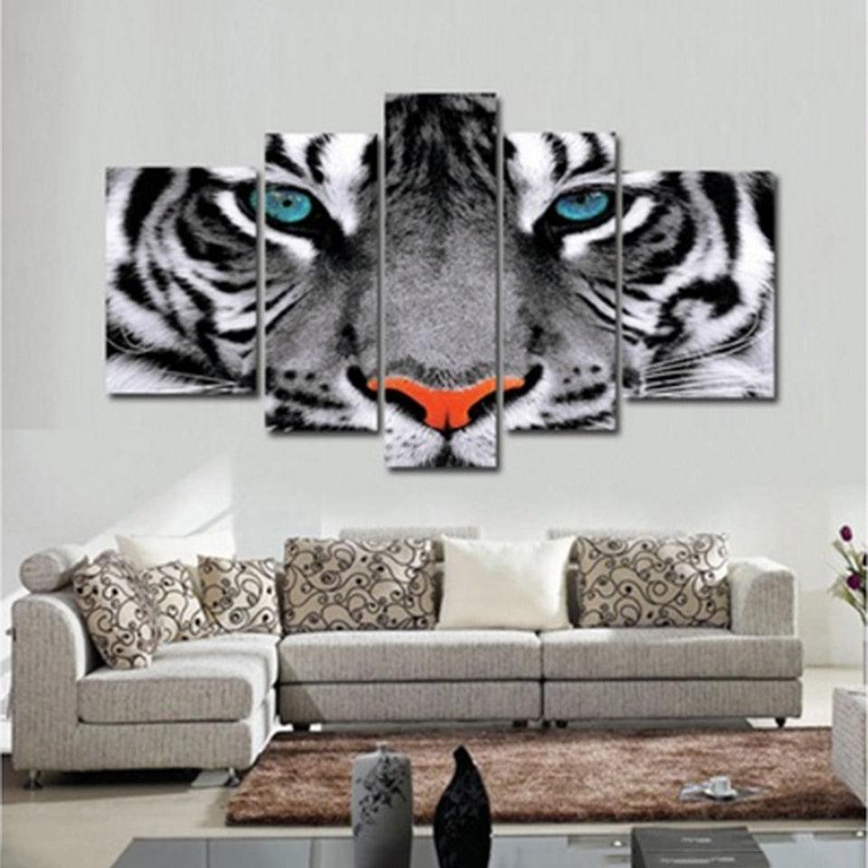 White Tiger Eyes 5 Piece HD Multi Panel Canvas Wall Art Frame-Original Frame