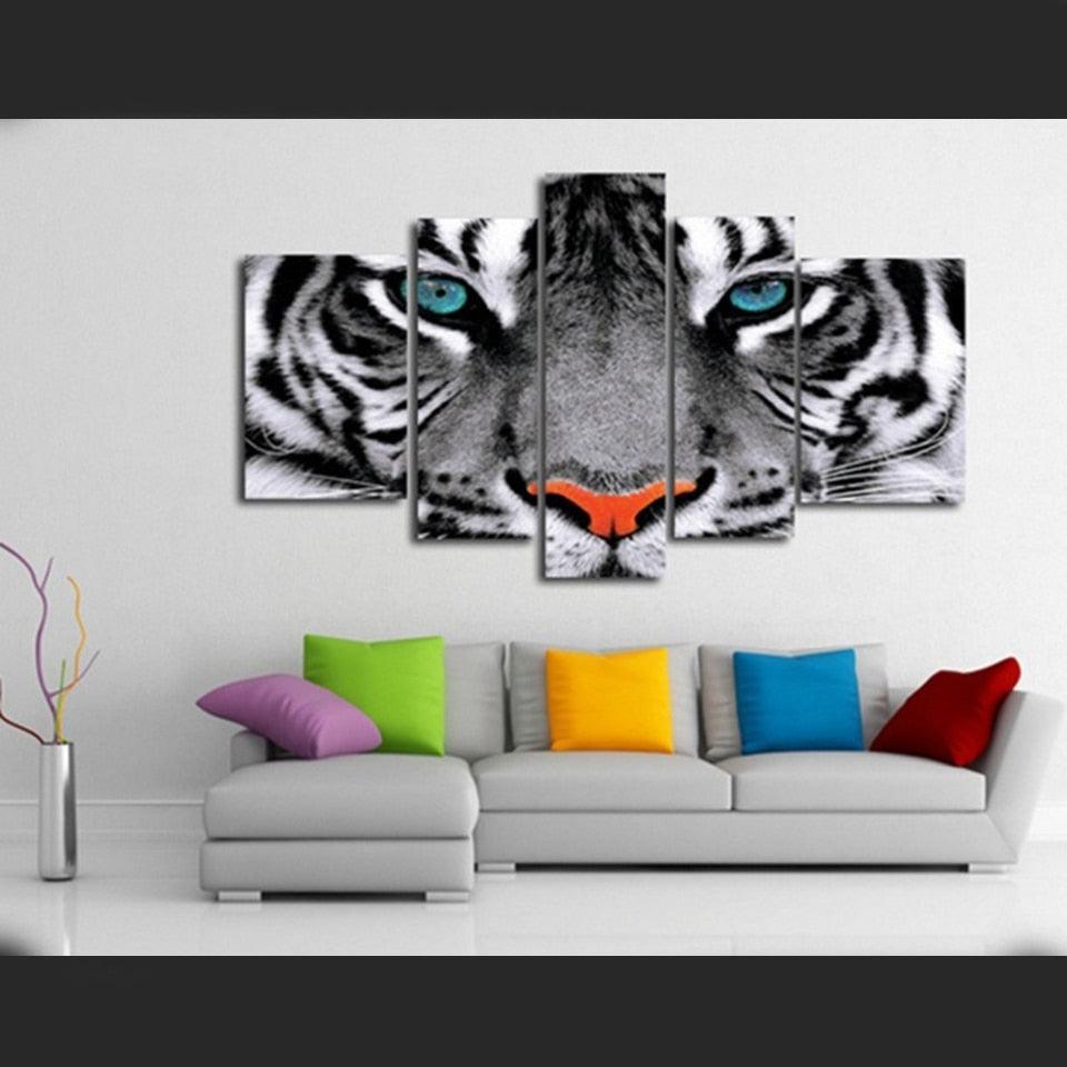 White Tiger Eyes 5 Piece HD Multi Panel Canvas Wall Art Frame-Original Frame