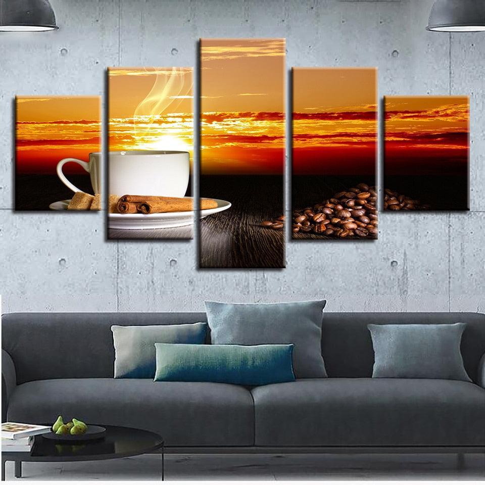 Sunset Coffee 5 Piece HD Multi Panel Canvas Wall Art Frame-Original Frame