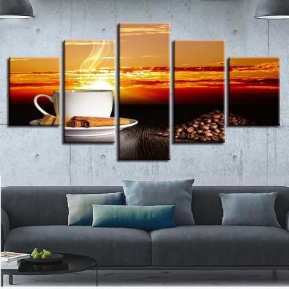 Sunset Coffee 5 Piece HD Multi Panel Canvas Wall Art Frame-Original Frame