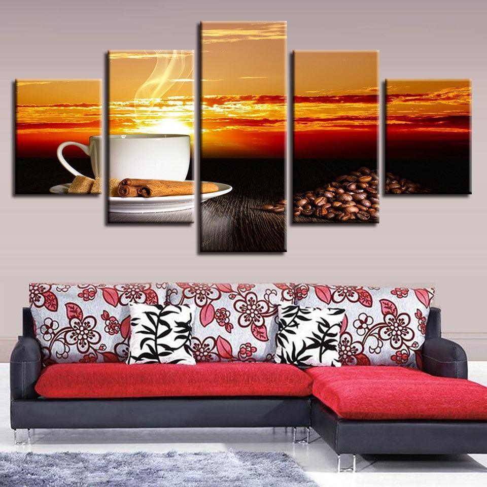 Sunset Coffee 5 Piece HD Multi Panel Canvas Wall Art Frame-Original Frame