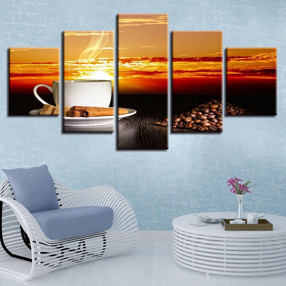 Sunset Coffee 5 Piece HD Multi Panel Canvas Wall Art Frame-Original Frame
