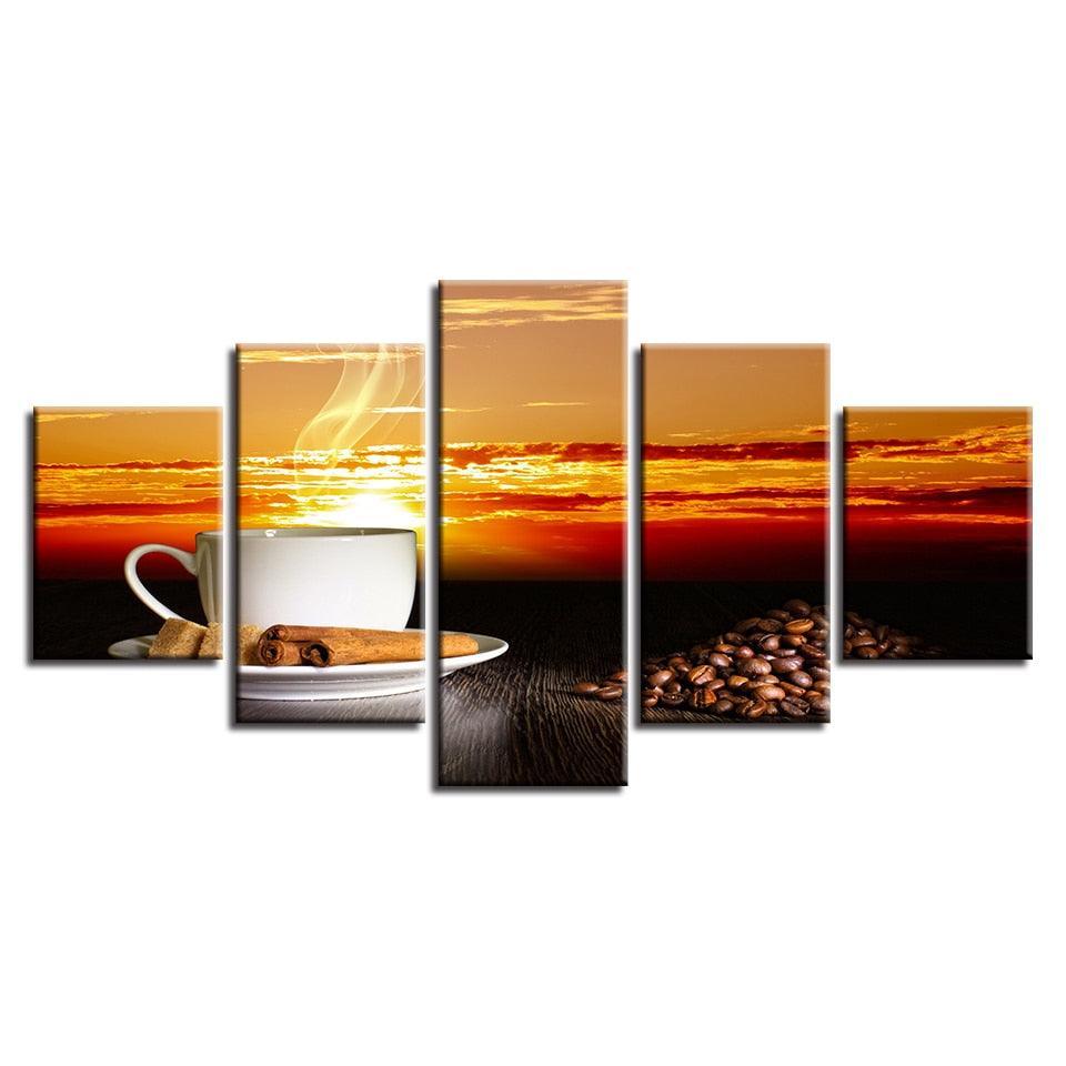 Sunset Coffee 5 Piece HD Multi Panel Canvas Wall Art Frame-Original Frame