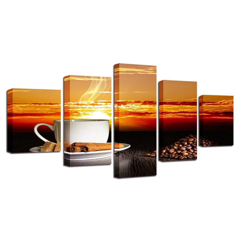 Sunset Coffee 5 Piece HD Multi Panel Canvas Wall Art Frame-Original Frame