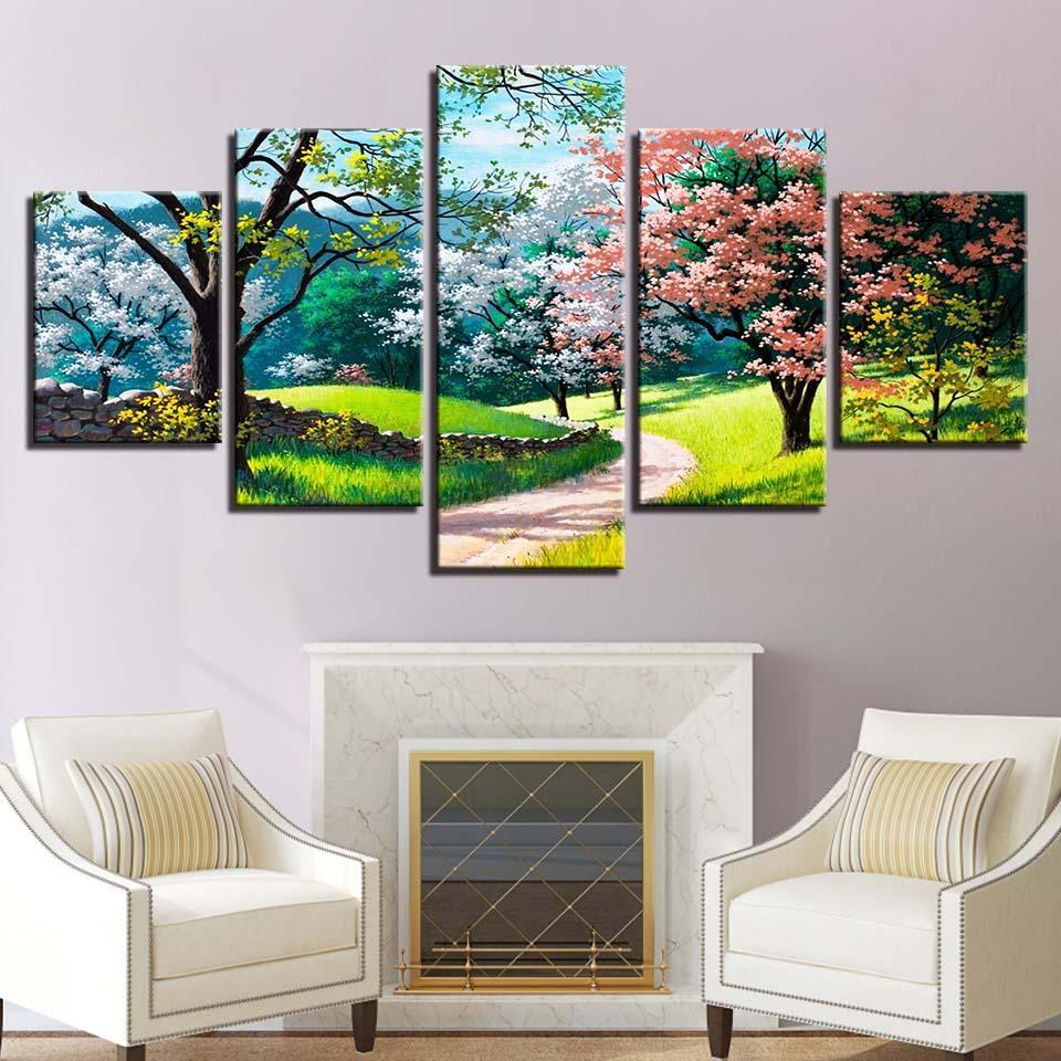 Flower Tree Spring 5 Piece HD Multi Panel Canvas Wall Art Frame-Original Frame