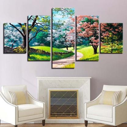 Flower Tree Spring 5 Piece HD Multi Panel Canvas Wall Art Frame-Original Frame