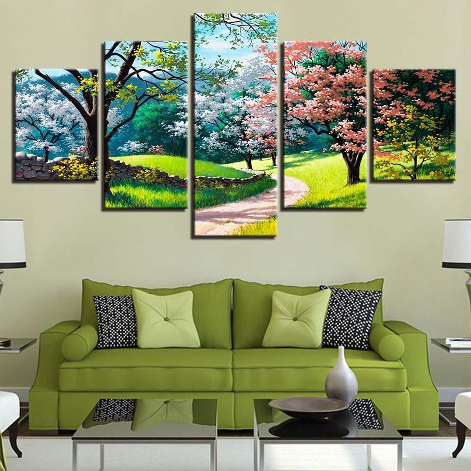 Flower Tree Spring 5 Piece HD Multi Panel Canvas Wall Art Frame-Original Frame