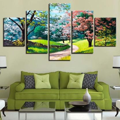 Flower Tree Spring 5 Piece HD Multi Panel Canvas Wall Art Frame-Original Frame