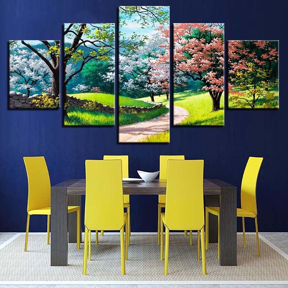 Flower Tree Spring 5 Piece HD Multi Panel Canvas Wall Art Frame-Original Frame