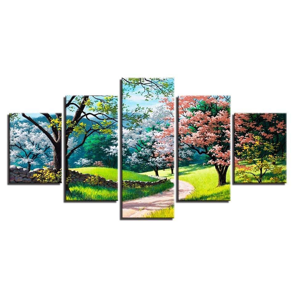 Flower Tree Spring 5 Piece HD Multi Panel Canvas Wall Art Frame-Original Frame