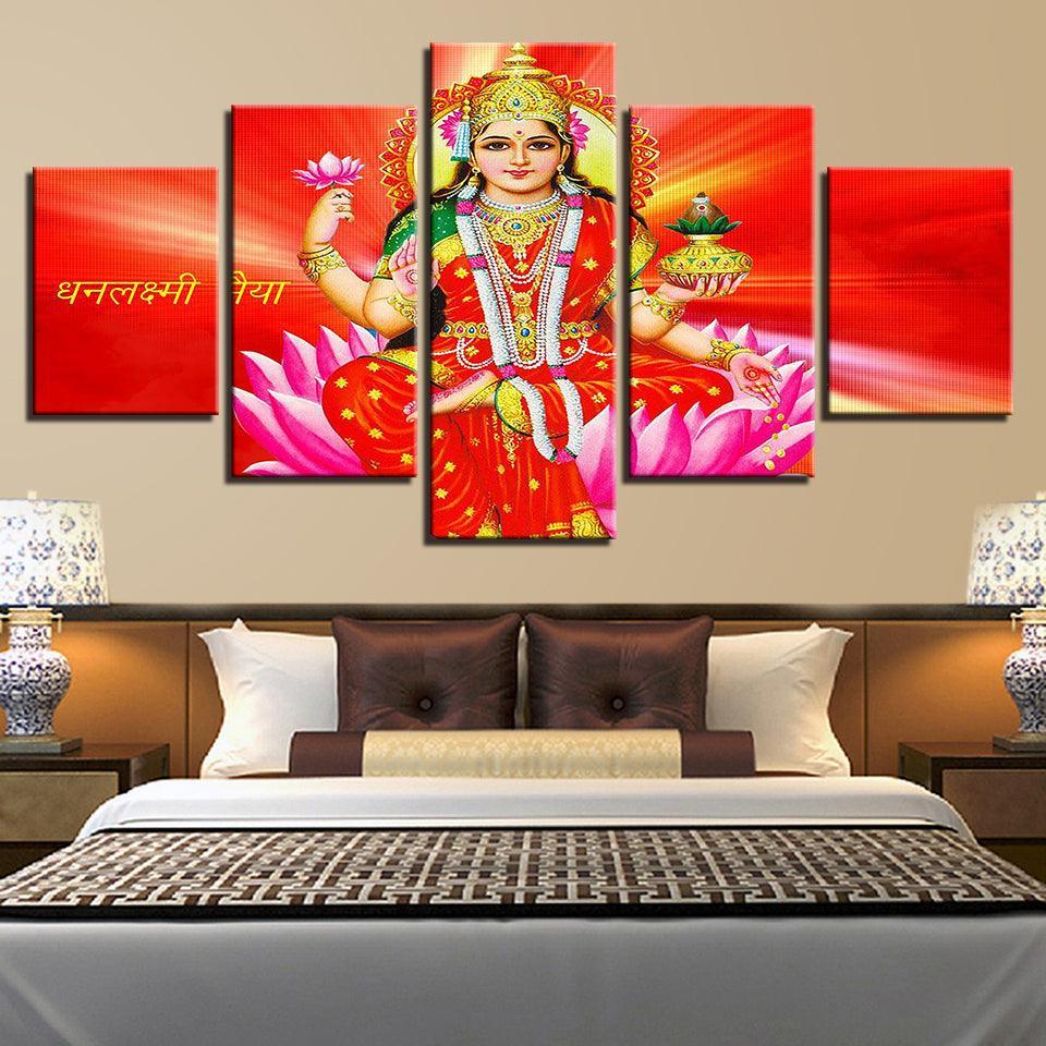 Goddess Lakshmi 5 Piece HD Multi Panel Canvas Wall Art Frame-Original Frame