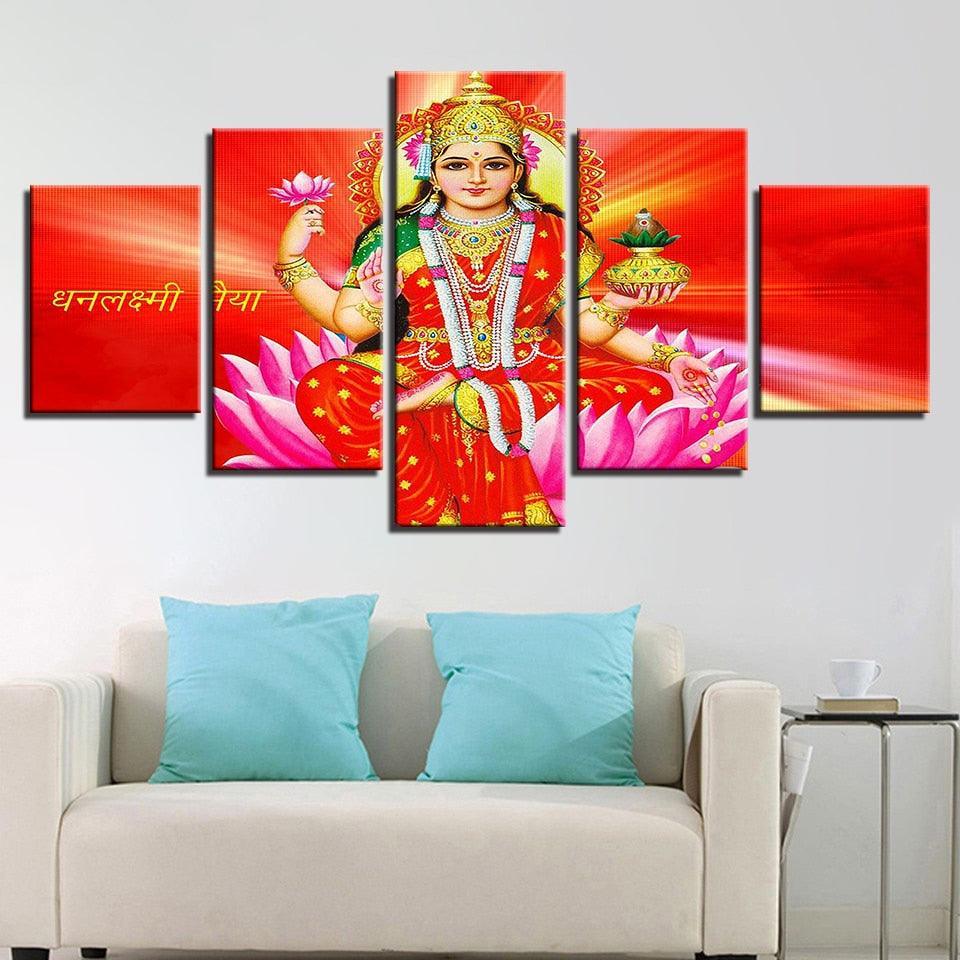 Goddess Lakshmi 5 Piece HD Multi Panel Canvas Wall Art Frame-Original Frame