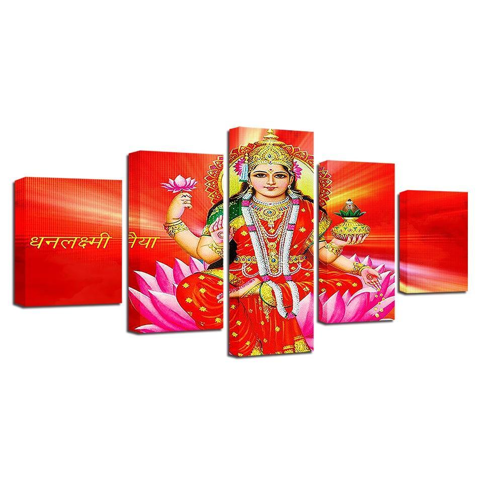 Goddess Lakshmi 5 Piece HD Multi Panel Canvas Wall Art Frame-Original Frame