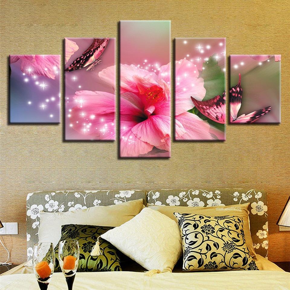 Pink Lilies And Butterflies 5 Piece HD Multi Panel Canvas Wall Art Frame-Original Frame