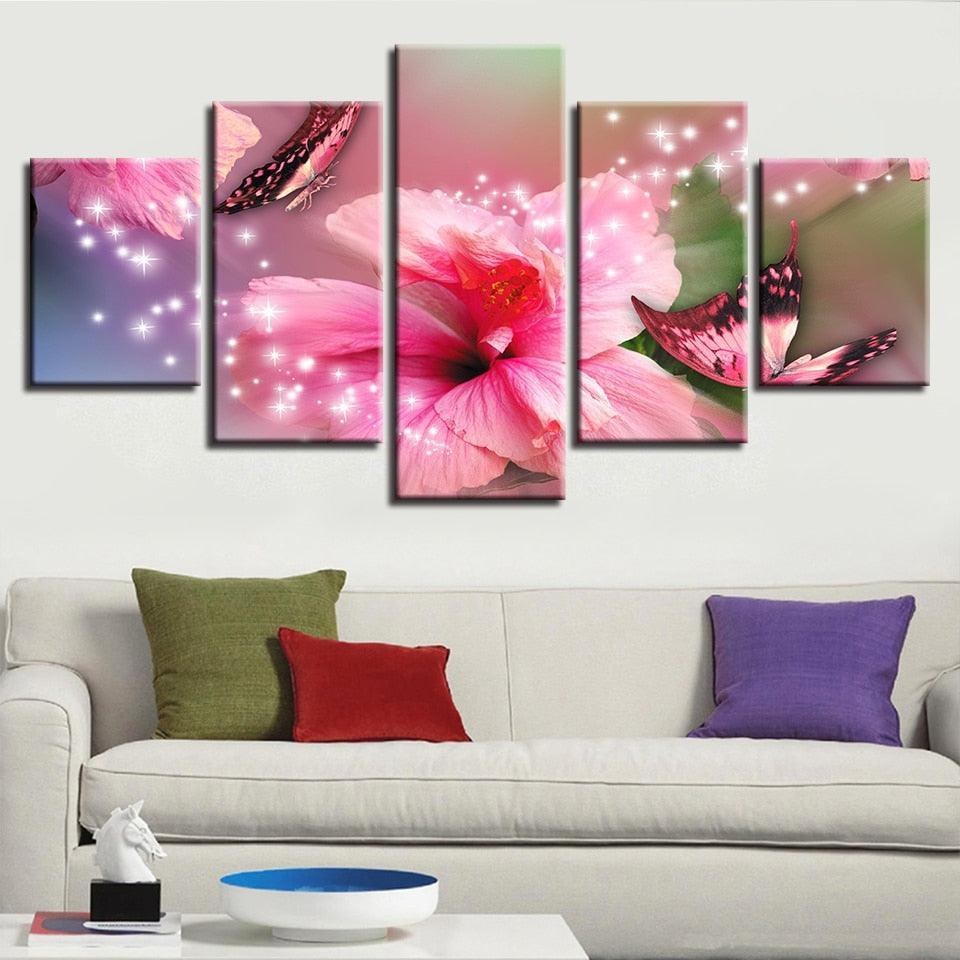 Pink Lilies And Butterflies 5 Piece HD Multi Panel Canvas Wall Art Frame-Original Frame