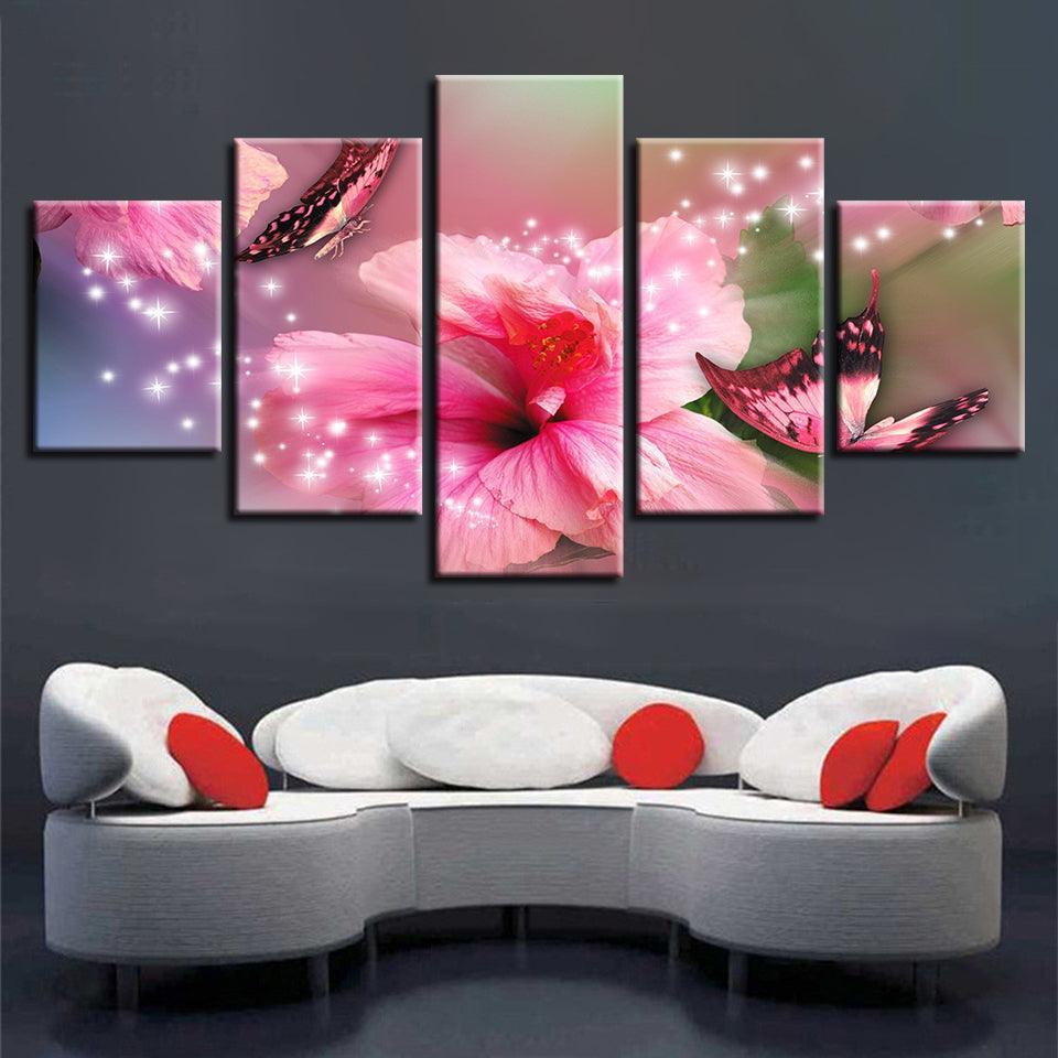 Pink Lilies And Butterflies 5 Piece HD Multi Panel Canvas Wall Art Frame-Original Frame