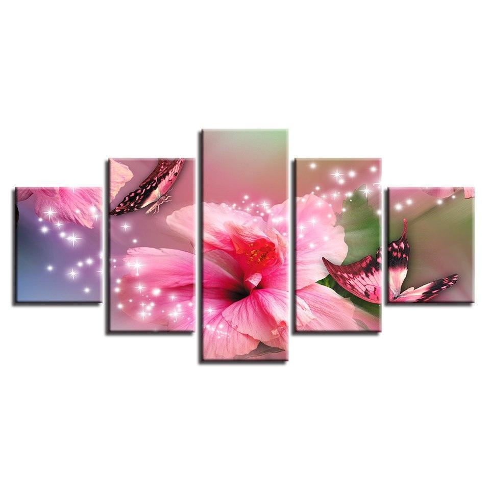 Pink Lilies And Butterflies 5 Piece HD Multi Panel Canvas Wall Art Frame-Original Frame