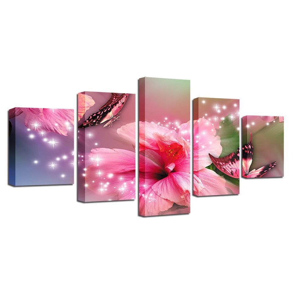 Pink Lilies And Butterflies 5 Piece HD Multi Panel Canvas Wall Art Frame-Original Frame