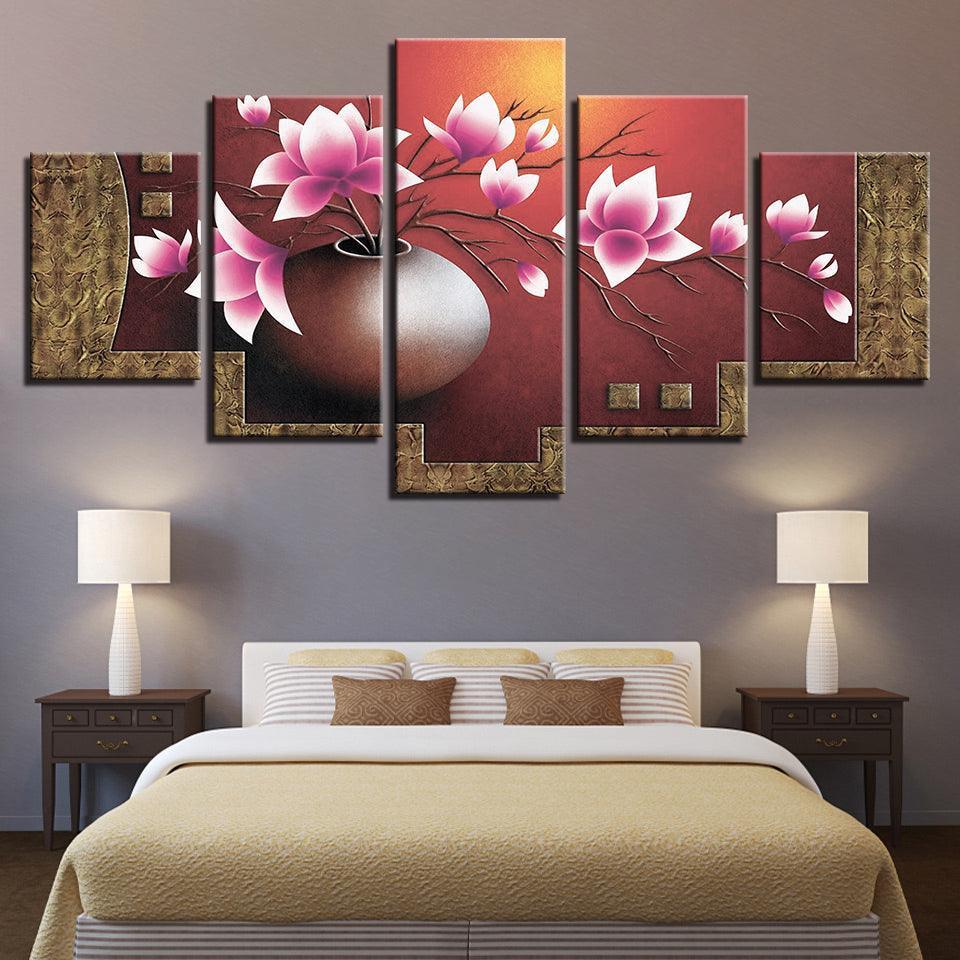 Magnolia Flowers Vase 5 Piece HD Multi Panel Canvas Wall Art Frame-Original Frame