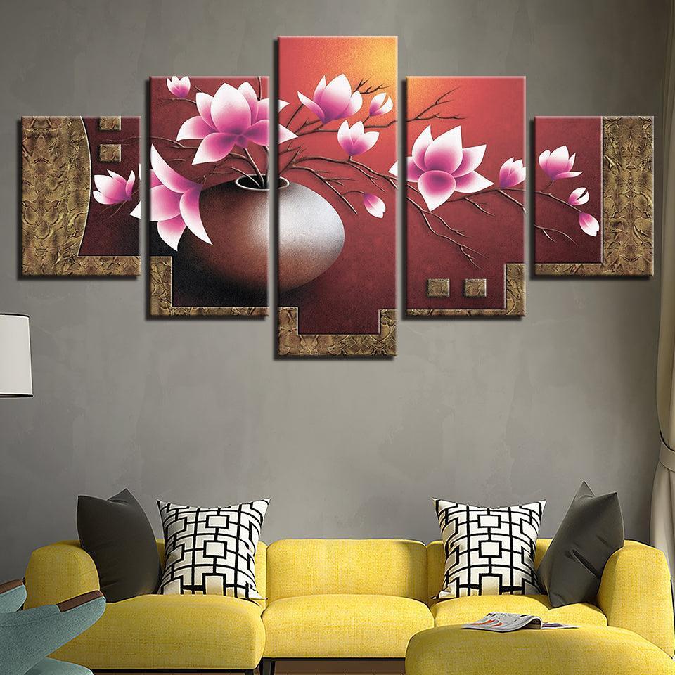 Magnolia Flowers Vase 5 Piece HD Multi Panel Canvas Wall Art Frame-Original Frame