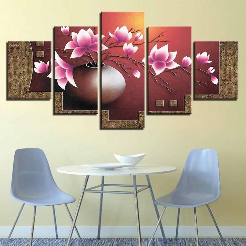 Magnolia Flowers Vase 5 Piece HD Multi Panel Canvas Wall Art Frame-Original Frame