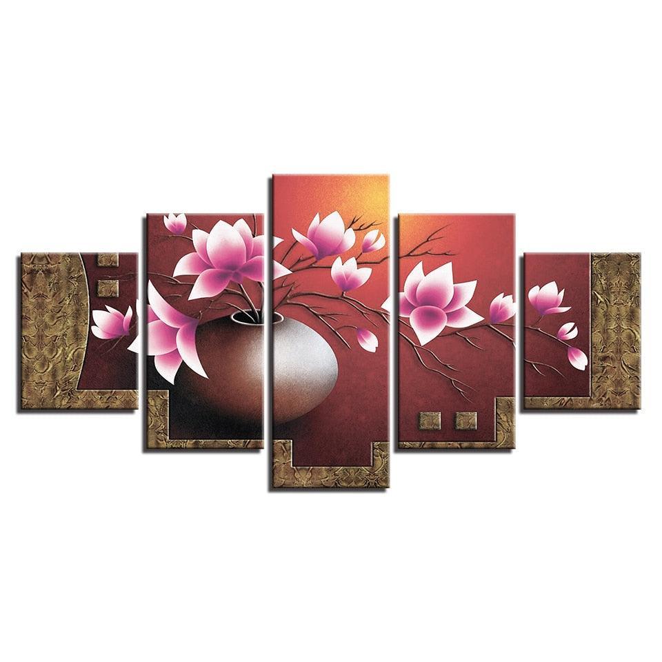 Magnolia Flowers Vase 5 Piece HD Multi Panel Canvas Wall Art Frame-Original Frame