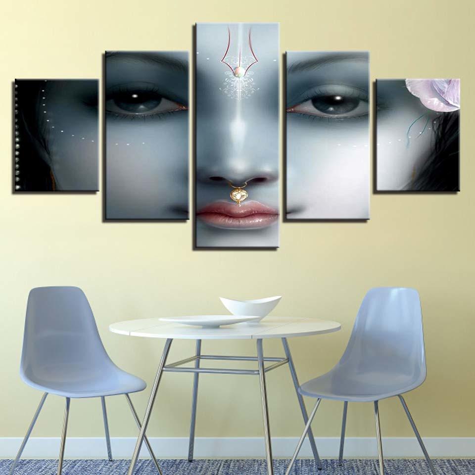 Shri Krishna 5 Piece HD Multi Panel Canvas Wall Art Frame-Original Frame
