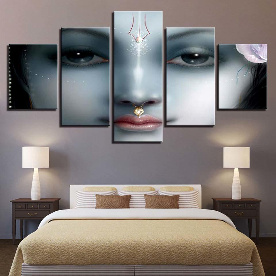Shri Krishna 5 Piece HD Multi Panel Canvas Wall Art Frame-Original Frame