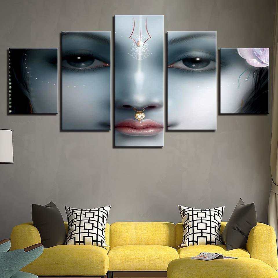 Shri Krishna 5 Piece HD Multi Panel Canvas Wall Art Frame-Original Frame