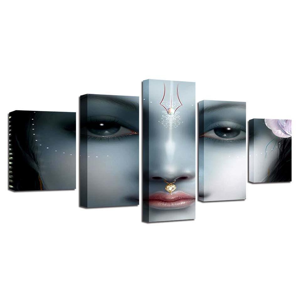 Shri Krishna 5 Piece HD Multi Panel Canvas Wall Art Frame-Original Frame