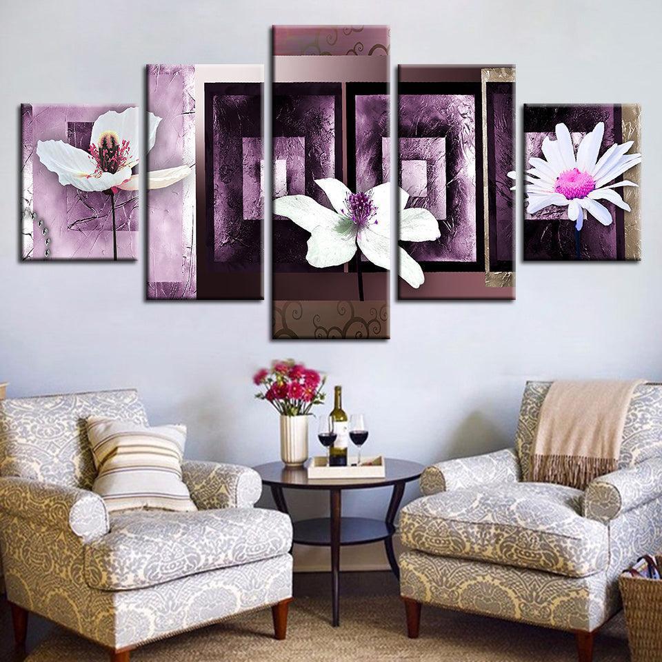Three White Pink Flower 5 Piece HD Multi Panel Canvas Wall Art Frame-Original Frame