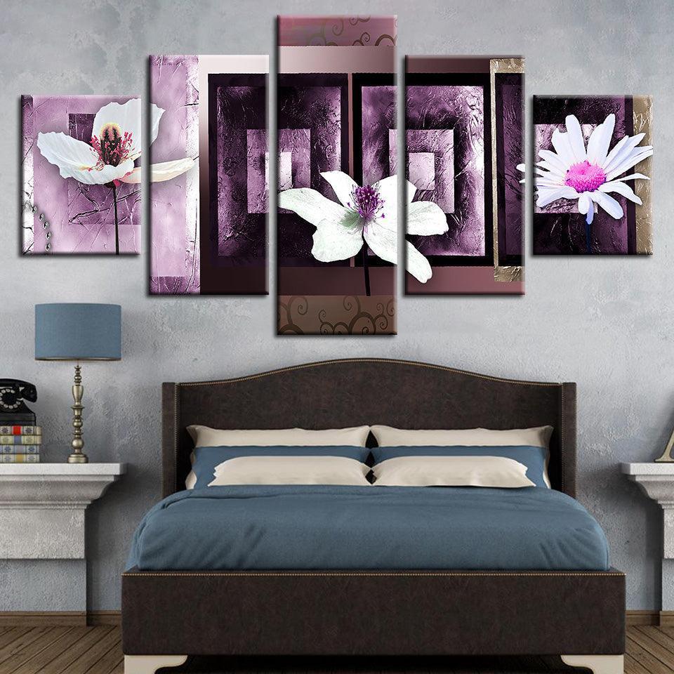 Three White Pink Flower 5 Piece HD Multi Panel Canvas Wall Art Frame-Original Frame