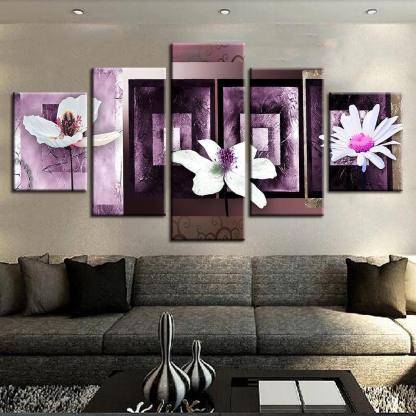 Three White Pink Flower 5 Piece HD Multi Panel Canvas Wall Art Frame-Original Frame