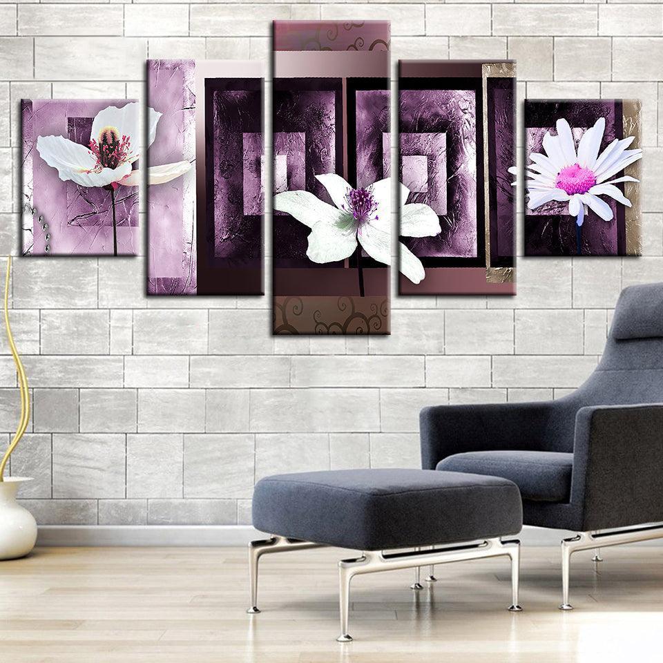 Three White Pink Flower 5 Piece HD Multi Panel Canvas Wall Art Frame-Original Frame
