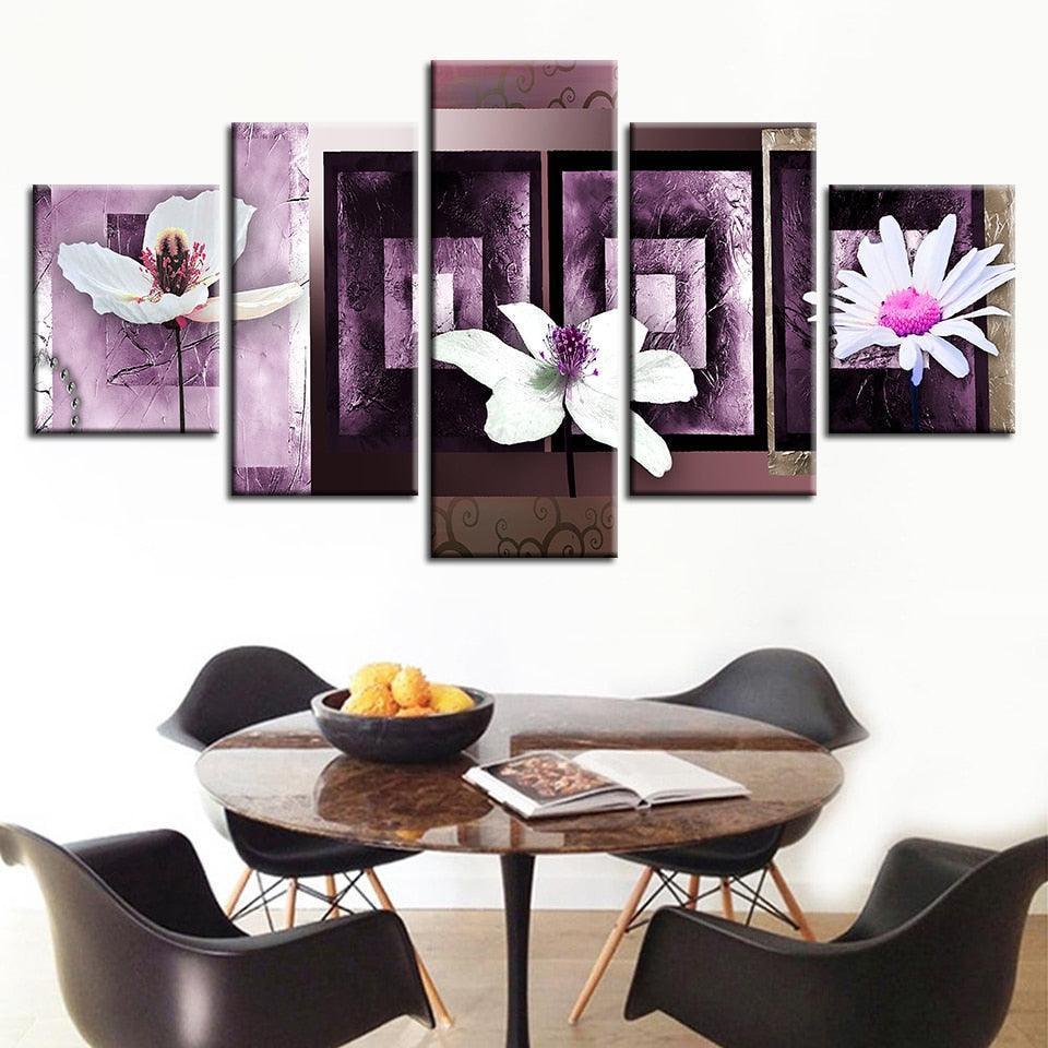 Three White Pink Flower 5 Piece HD Multi Panel Canvas Wall Art Frame-Original Frame