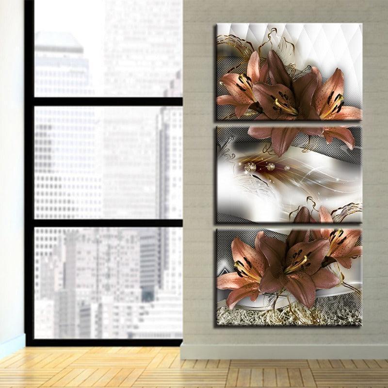 Lilies Flowers 3 Piece HD Multi Panel Canvas Wall Art Frame-Original Frame
