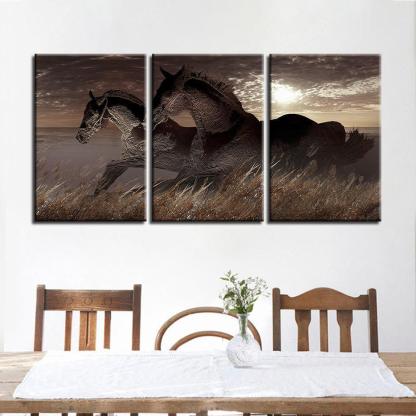 Grassland Horses 3 Piece HD Multi Panel Canvas Wall Art Frame-Original Frame
