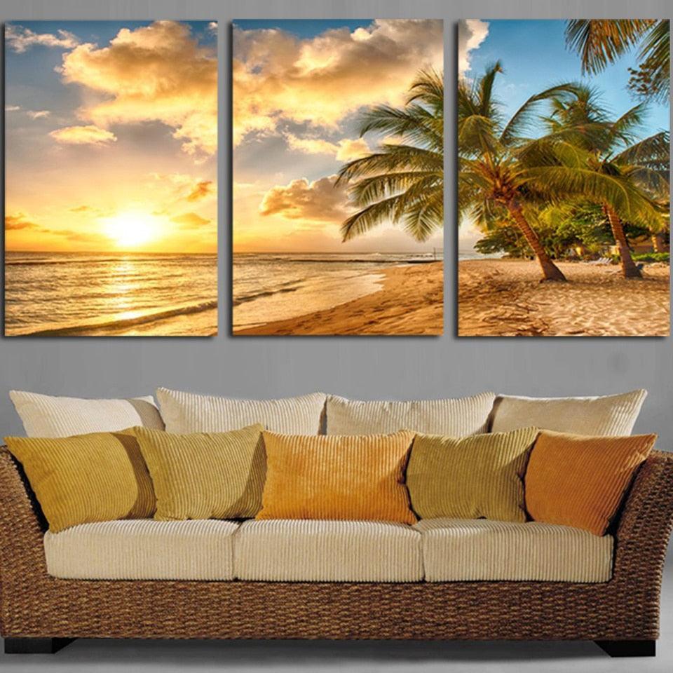 Sunset Beach Wave 3 Piece HD Multi Panel Canvas Wall Art Frame-Original Frame