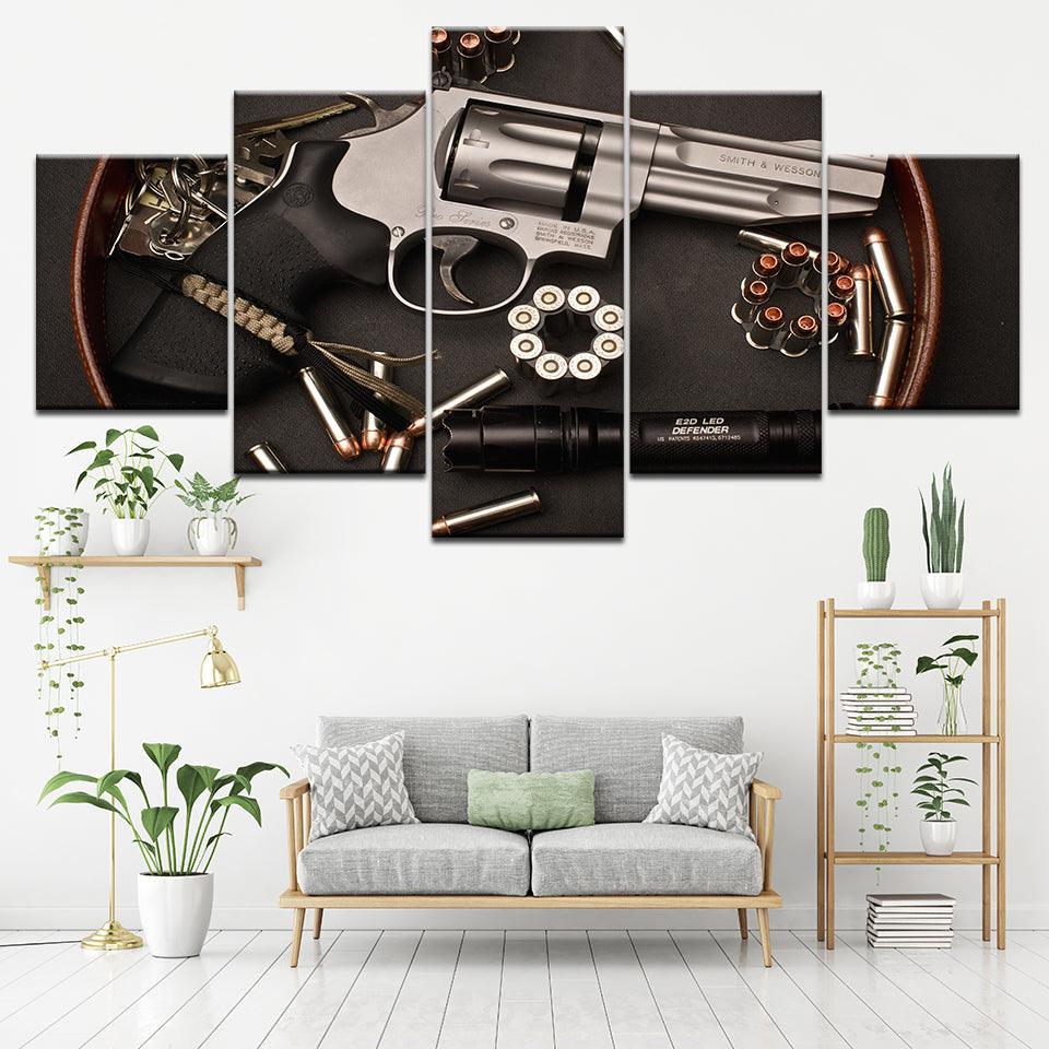 Gun and Bullets 5 Piece HD Multi Panel Canvas Wall Art-Original Frame