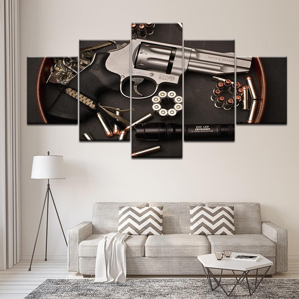 Gun and Bullets 5 Piece HD Multi Panel Canvas Wall Art-Original Frame