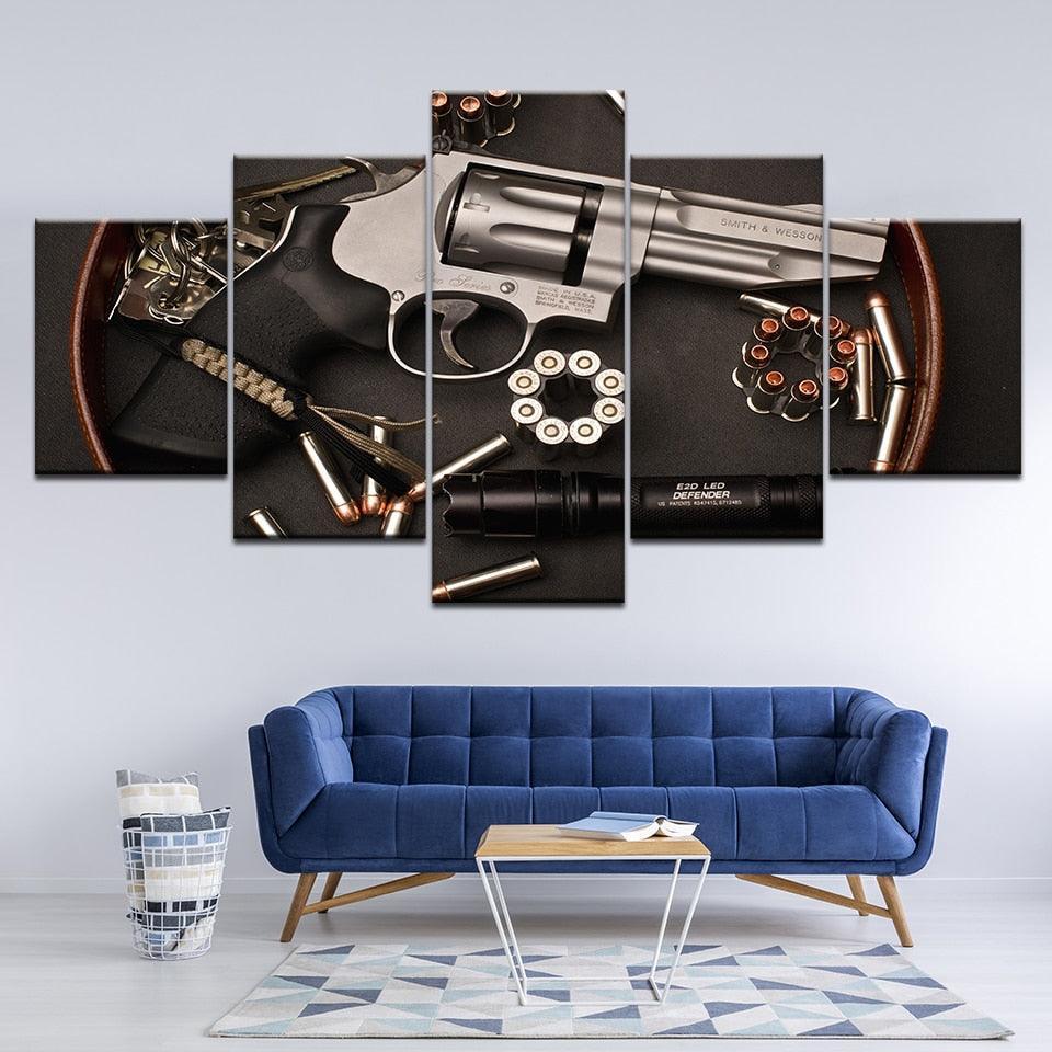 Gun and Bullets 5 Piece HD Multi Panel Canvas Wall Art-Original Frame