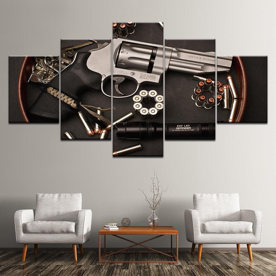 Gun and Bullets 5 Piece HD Multi Panel Canvas Wall Art-Original Frame