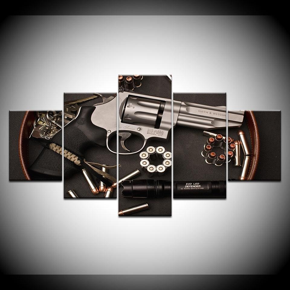 Gun and Bullets 5 Piece HD Multi Panel Canvas Wall Art-Original Frame