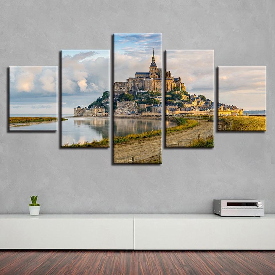 Mont Saint Michel 5 Piece HD Multi Panel Canvas Wall Art Frame-Original Frame