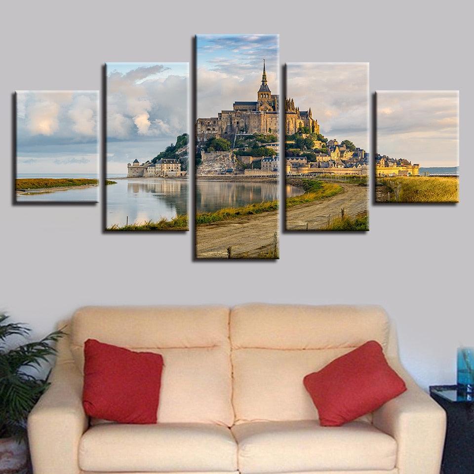 Mont Saint Michel 5 Piece HD Multi Panel Canvas Wall Art Frame-Original Frame