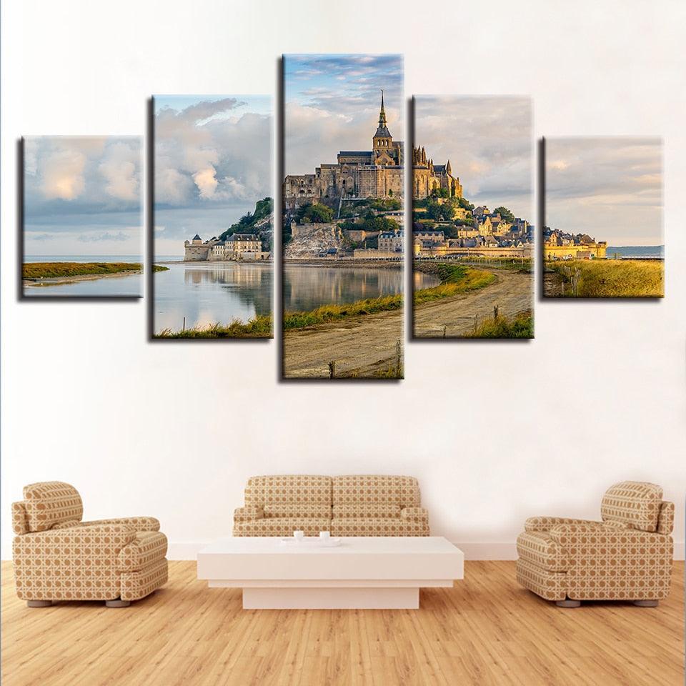 Mont Saint Michel 5 Piece HD Multi Panel Canvas Wall Art Frame-Original Frame