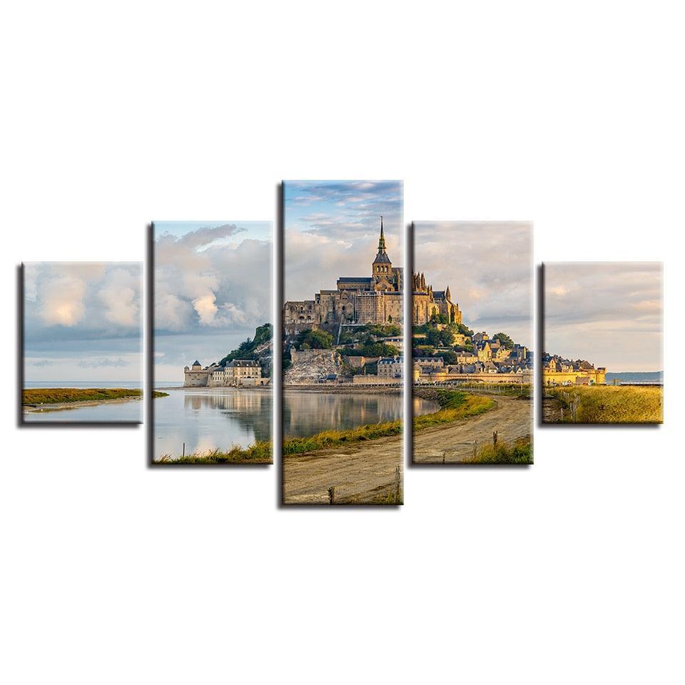 Mont Saint Michel 5 Piece HD Multi Panel Canvas Wall Art Frame-Original Frame