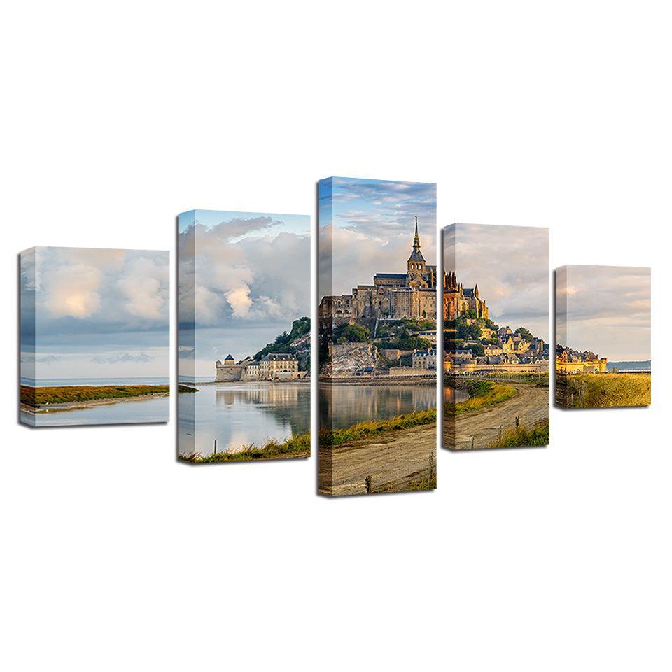 Mont Saint Michel 5 Piece HD Multi Panel Canvas Wall Art Frame-Original Frame