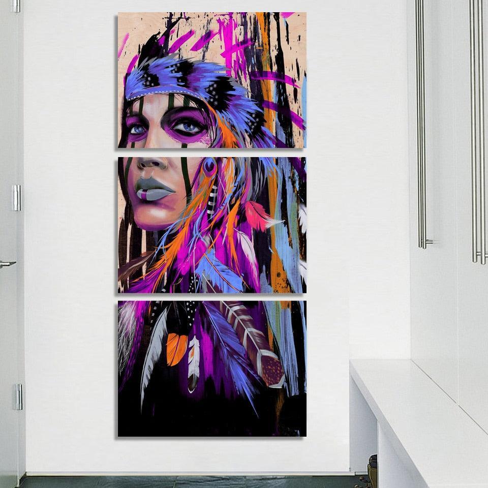 Native American Indian 3 Piece HD Multi Panel Canvas Wall Art Frame-Original Frame